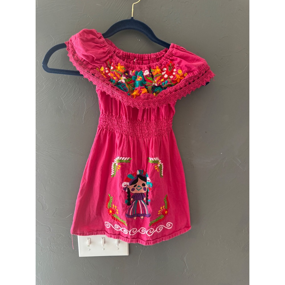 Girls Pink Mexican Embroidered Dress Lele Doll Off Shoulder Smocked Size 4T